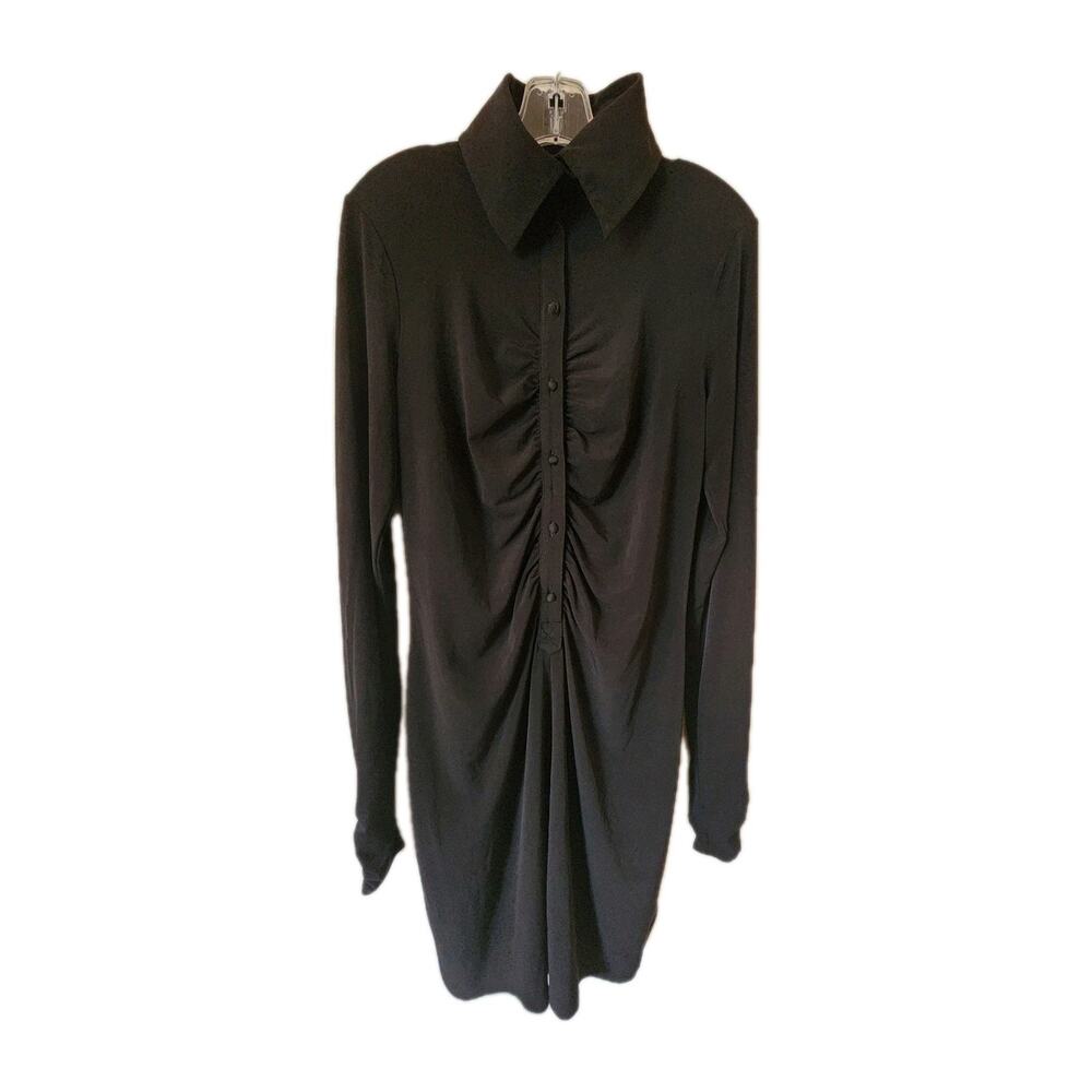 Karl Lagerfeld Button Front Shirt Dress Long Sleeve Medium Midi Ruching Slinky